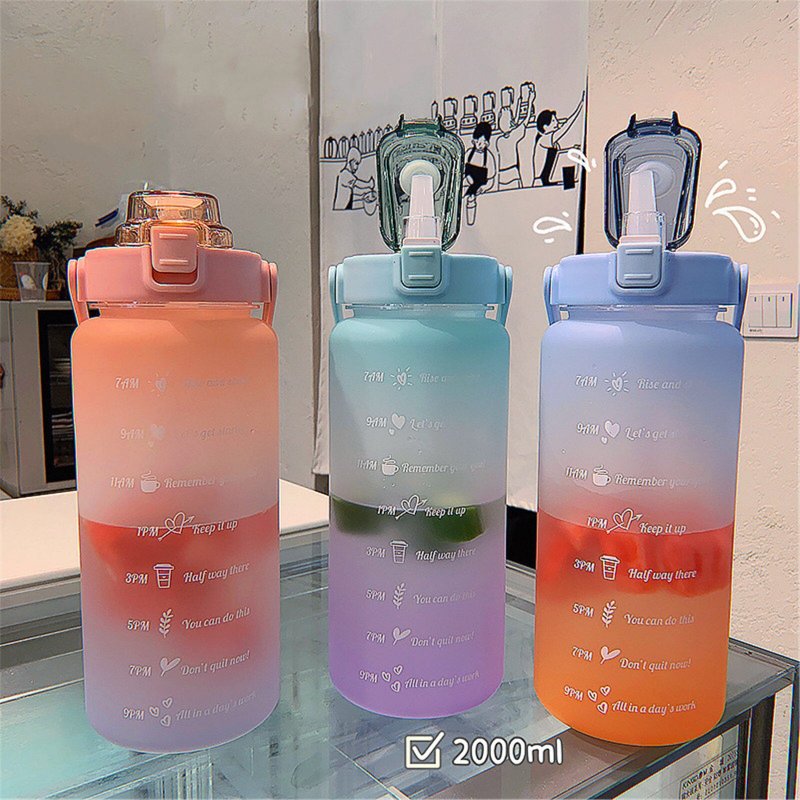 2023 Sports Water Bottle 2000ML Girl Bounce 2L Dustproof Interval Squeeze Straw Lid Timestamped Drinking Outdoor 2 Liter