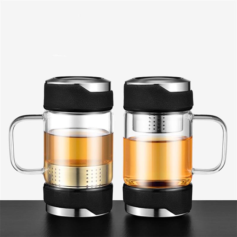 Glass Tea Water Bottle with Stainless Steel Tea Filter and Glass Handle Creative Tea Cup Office Water Tumbler Drinkware Gift