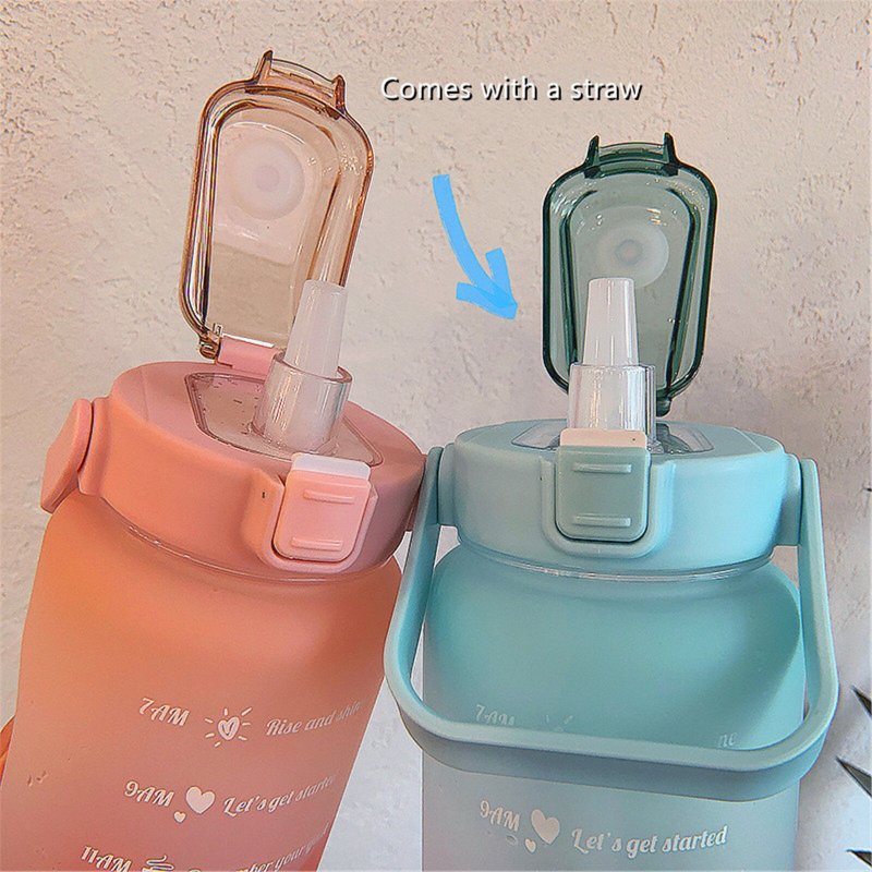 2023 Sports Water Bottle 2000ML Girl Bounce 2L Dustproof Interval Squeeze Straw Lid Timestamped Drinking Outdoor 2 Liter