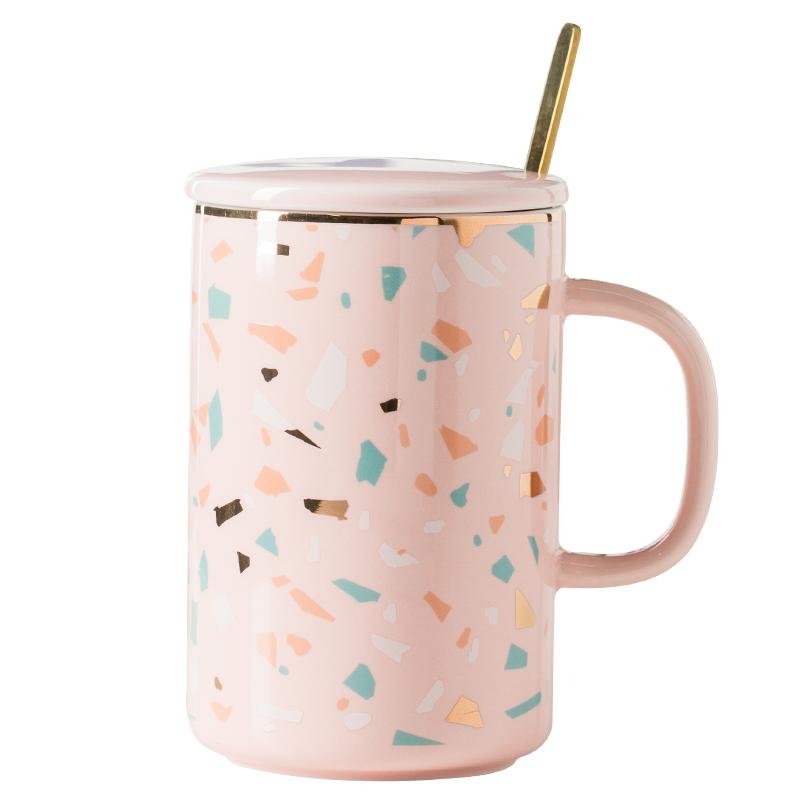 Korean Creative Ceramic Mug Modern Girl Pink with Spoon with Lid Mug Fashion Korean Office Coffee Milk Mug Coffee Cups CC60MKB